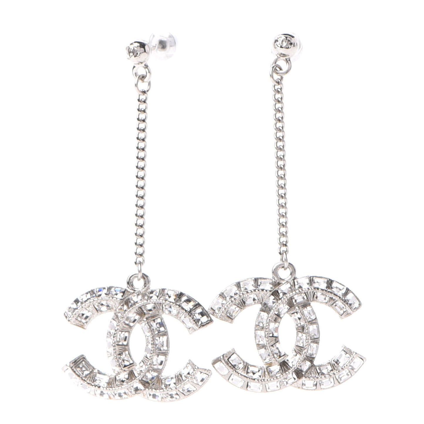Crystal Baguette CC Dangle Earrings Silver