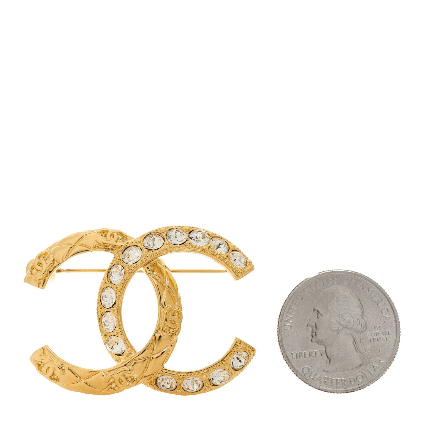 Metal Quilted Crystal CC Brooch Light Gold