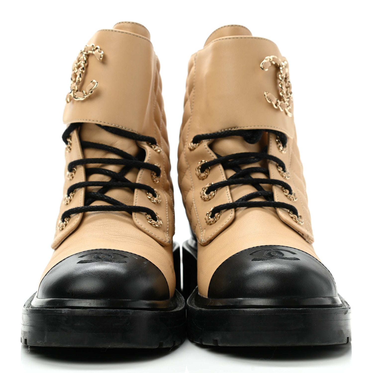 Chanel Lambskin Calfskin Quilted Lace Up Combat Boots 39 Beige Black 2 of 10