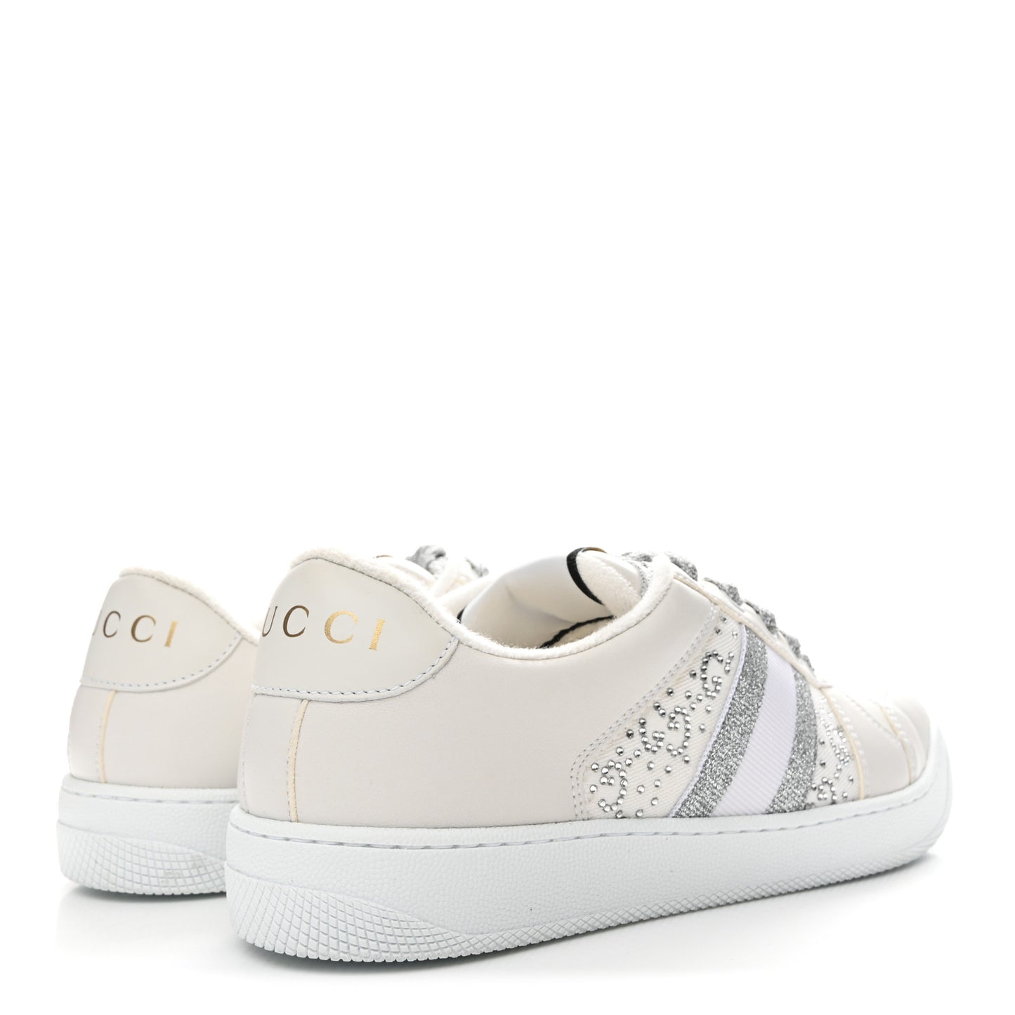 Calfskin GG Supreme Crystals Web Screener Sneakers 38 White Silver