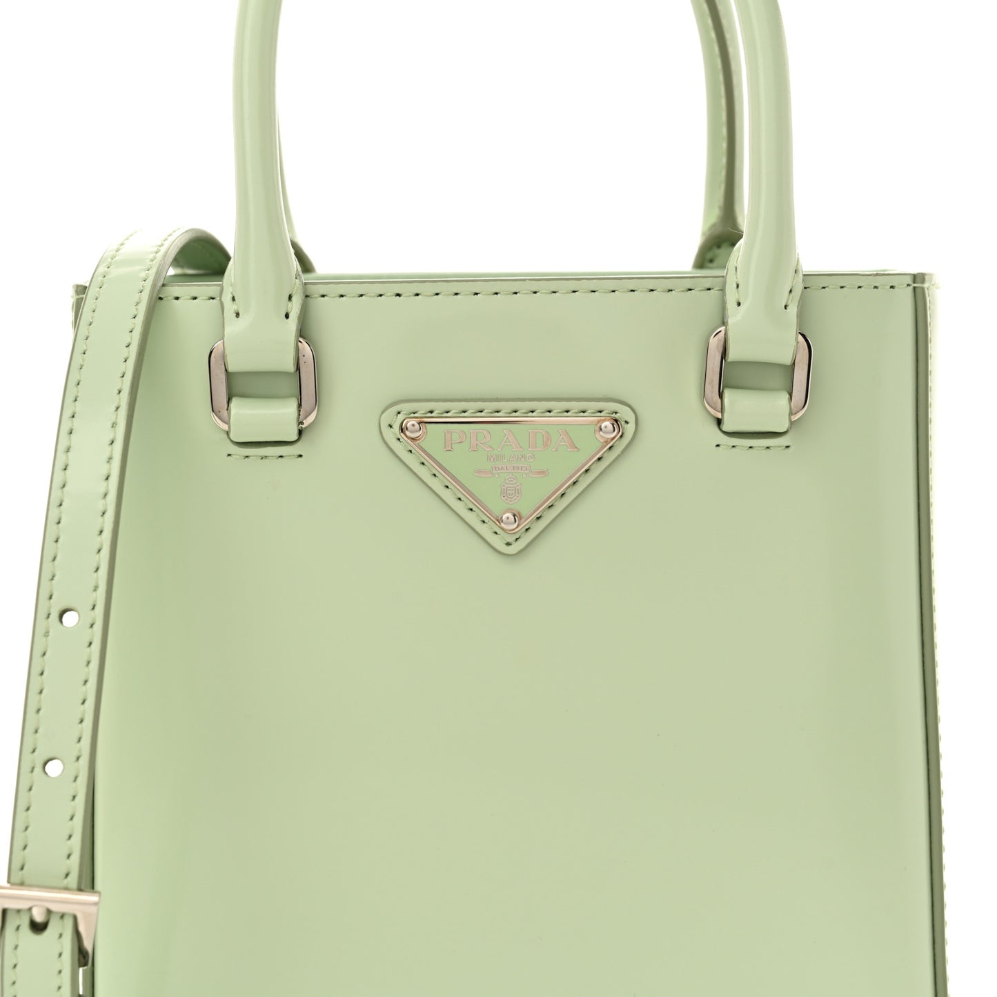 Spazzolato Metal Triangle Logo Small Double Handle Crossbody Tote Acqua