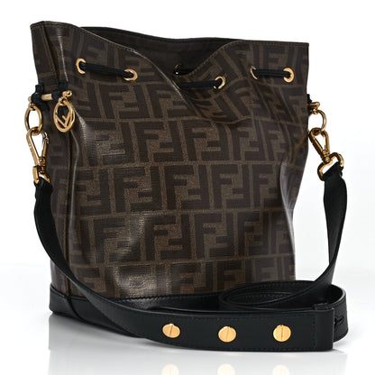 Fendi Glazed Fabric Vitello Grace F is Fendi FF 1974 Stamp Patch Grande Mon Tresor Bucket Bag Mogano Panna Black 3 of 11