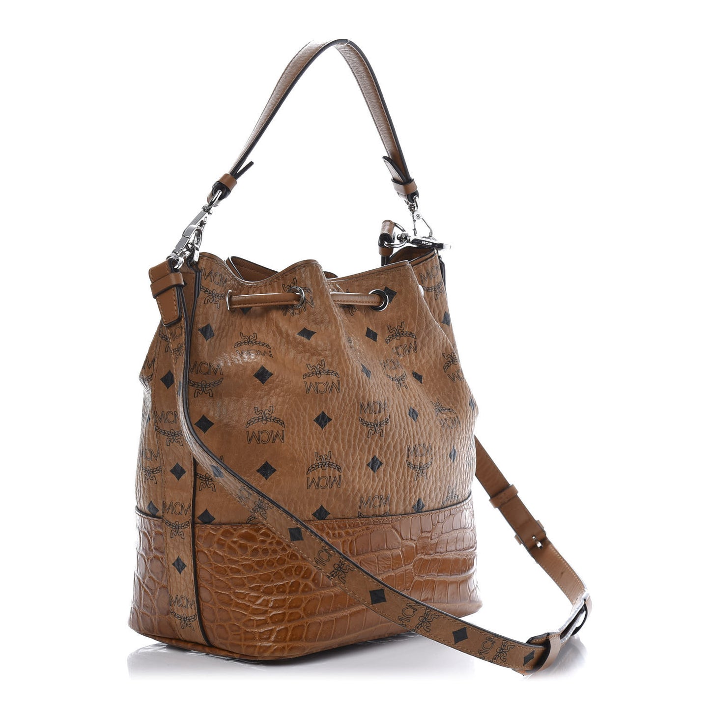 Visetos Crocodile Embossed Geonautic Bucket Bag Cognac