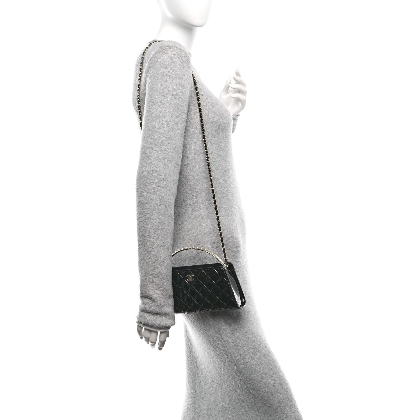 Patent Calfskin Quilted Pearl Clutch With Chain Black