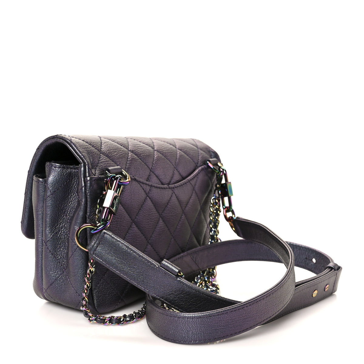 Chanel Iridescent Goatskin Quilted Small Double Carry Waist Chain Flap Purple 3 of 10