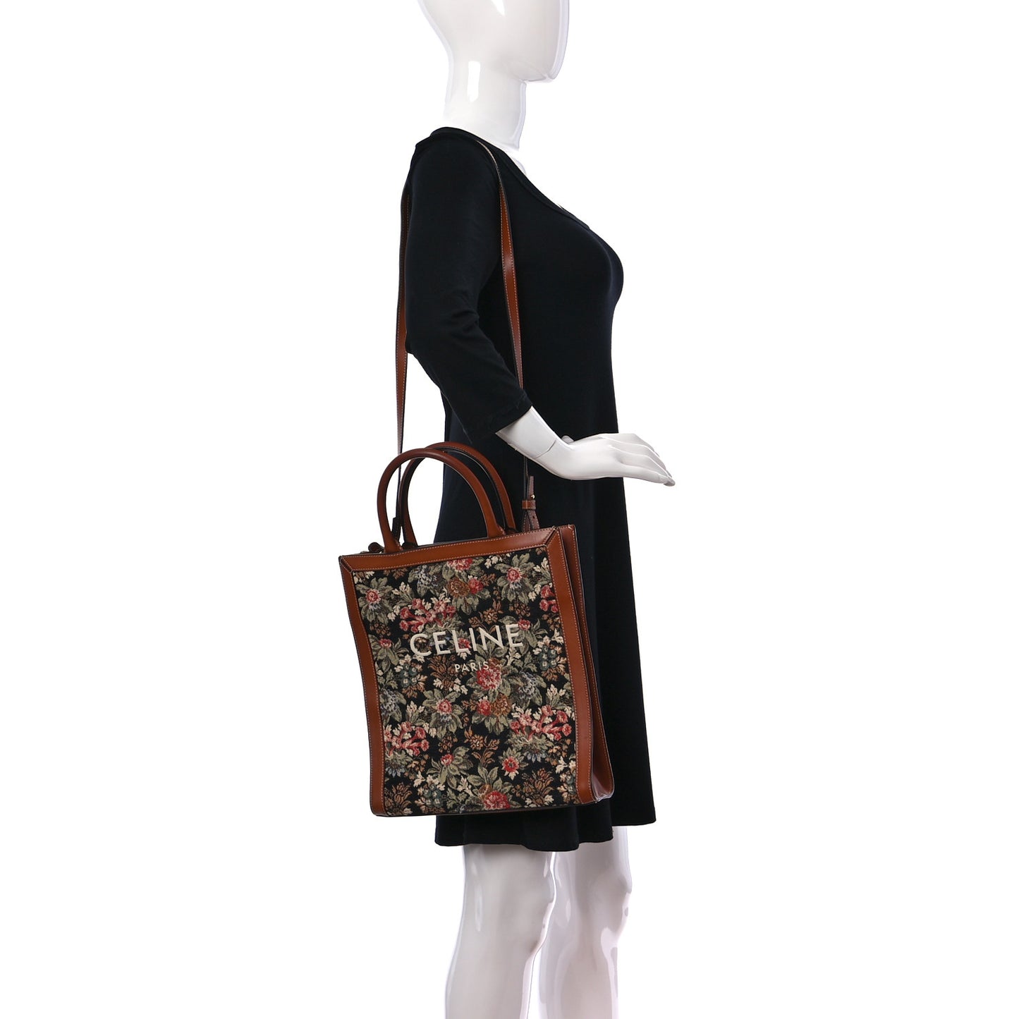 Canvas Calfskin Jacquard Floral Small Vertical Cabas Black Tan