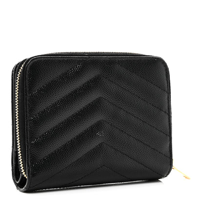 Saint Laurent Grain De Poudre Matelasse Chevron Monogram Compact Zip Around Wallet Black 3 of 8
