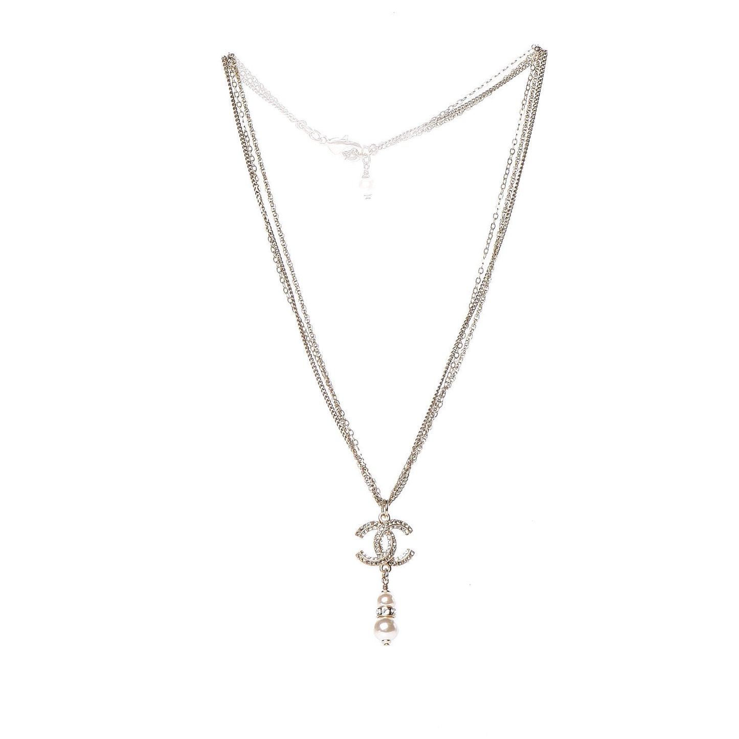 Pearl Crystal CC Drop Necklace Gold