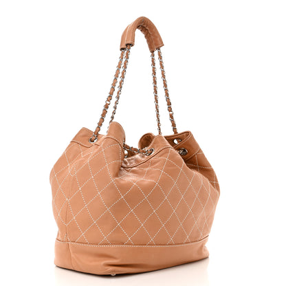 Chanel Lambskin Contrast Stitch Large Drawstring Tote Dark Beige 3 of 12