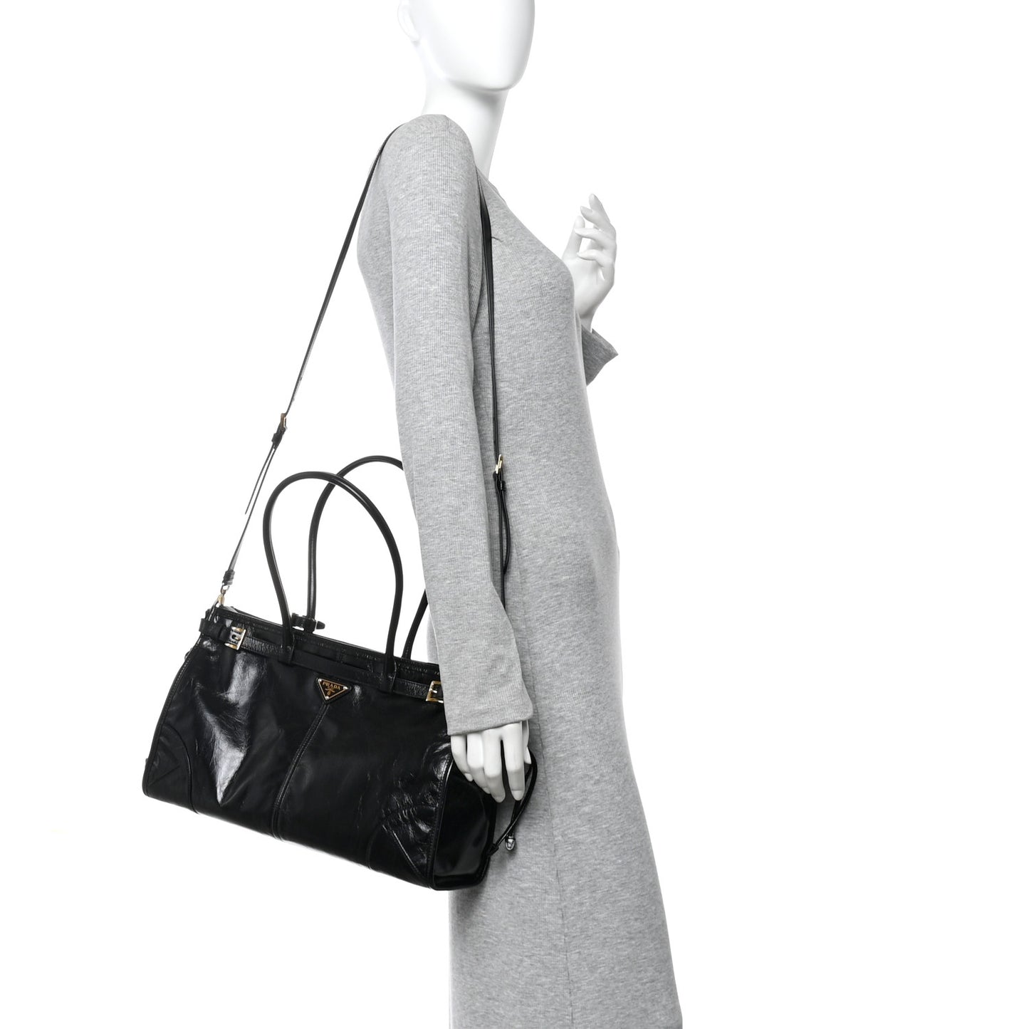 Glossy Calfskin Triangle Large Bonnie Shoulder Bag Black