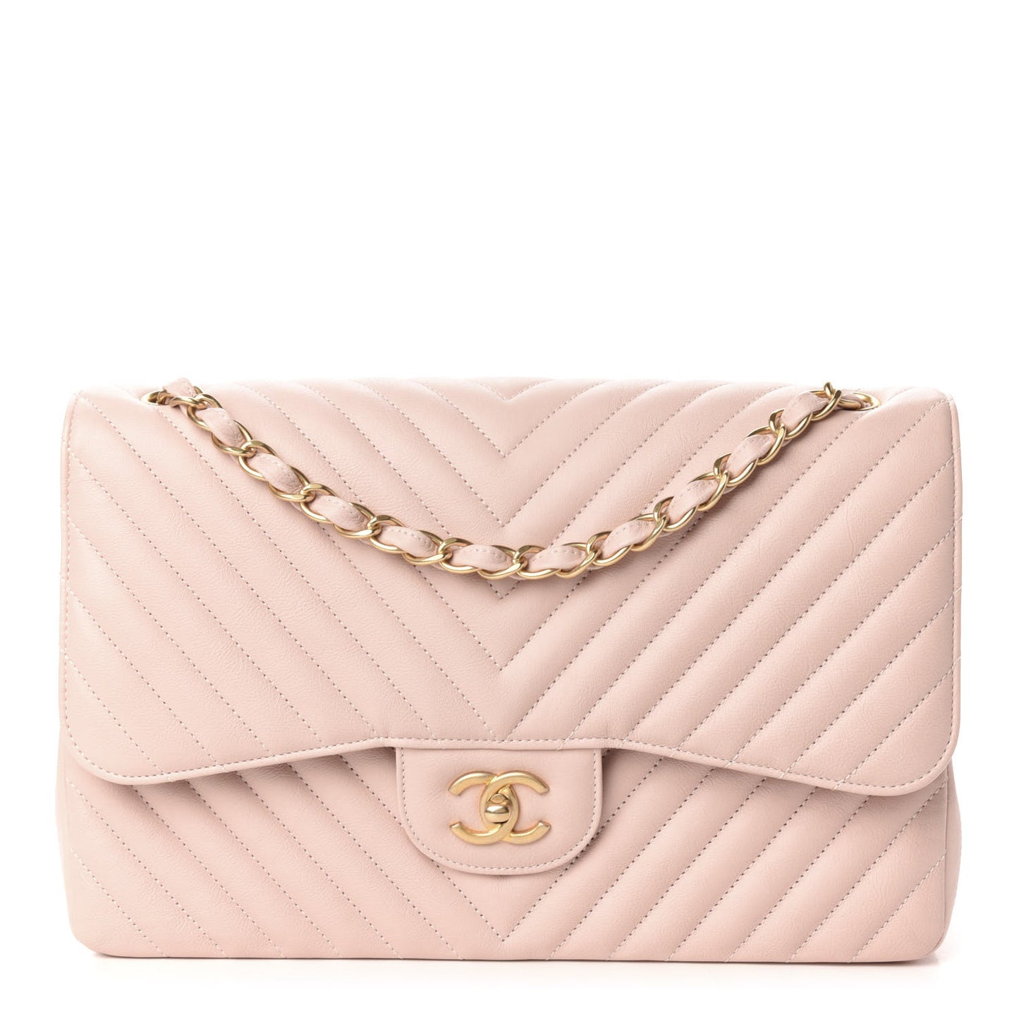 Calfskin Chevron Quilted Jumbo Double Flap Light Pink