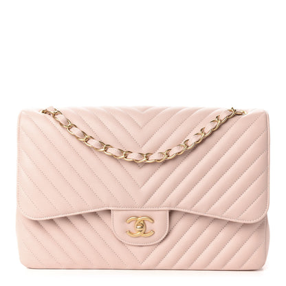 Chanel Calfskin Chevron Quilted Jumbo Double Flap Light Pink 1 of 15