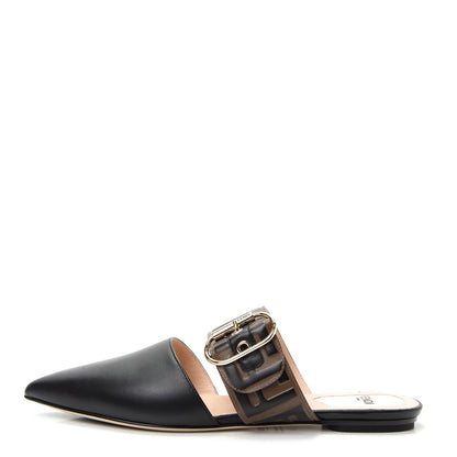 Fendi Vitello FF Embossed Buckle Flat Mules 37 Maya Black 1 of 10