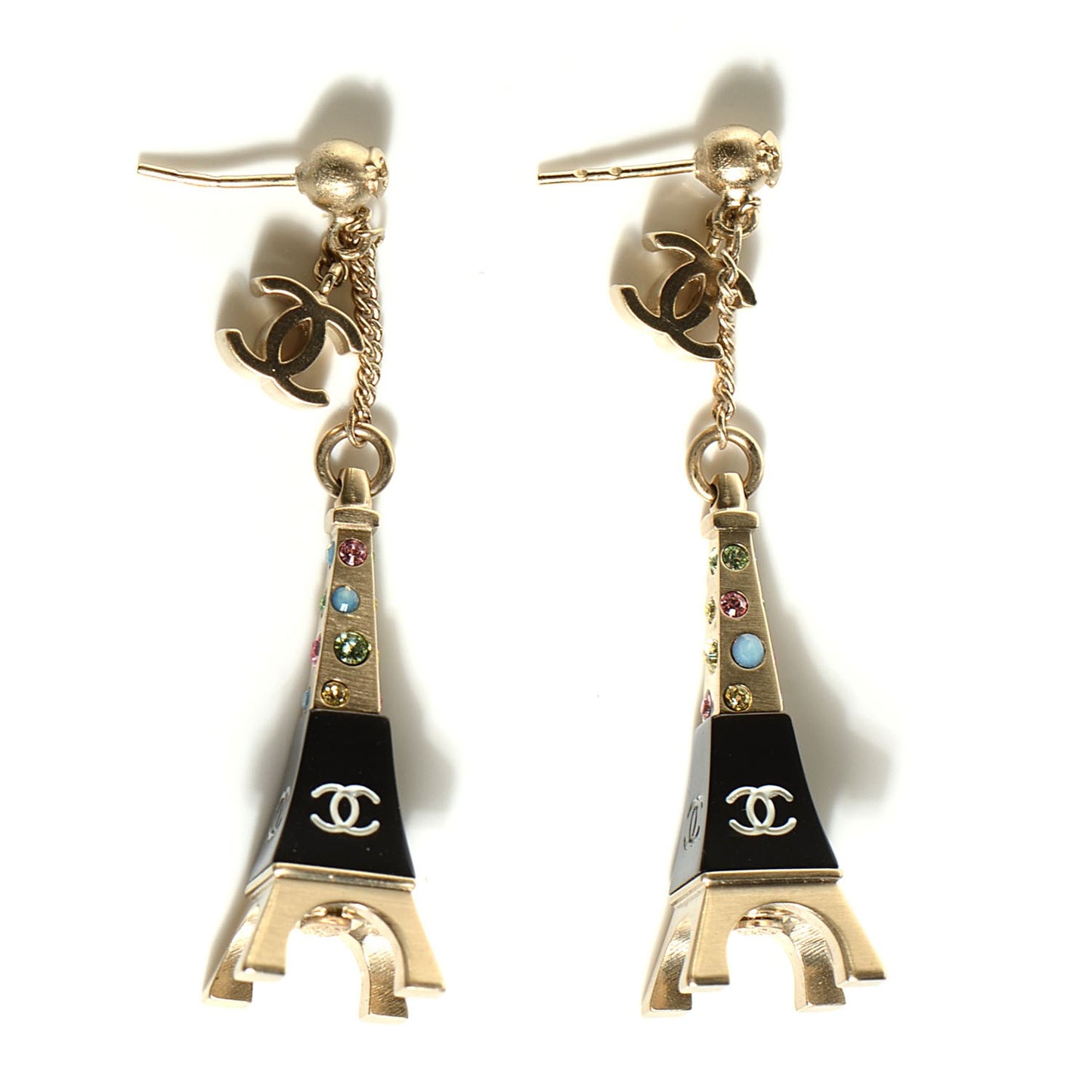 Crystal CC Eiffel Tower Charm Earrings Gold
