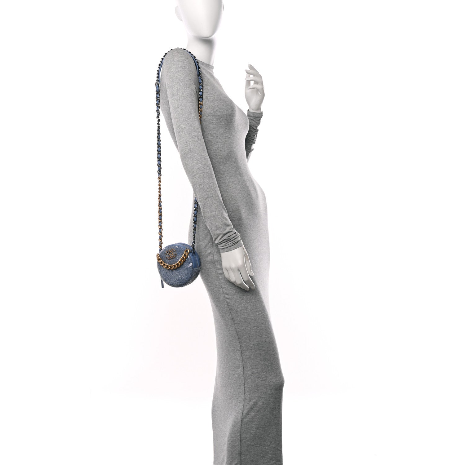 Chanel Sequin Chanel 19 Round Clutch With Chain Light Blue 2 of 10