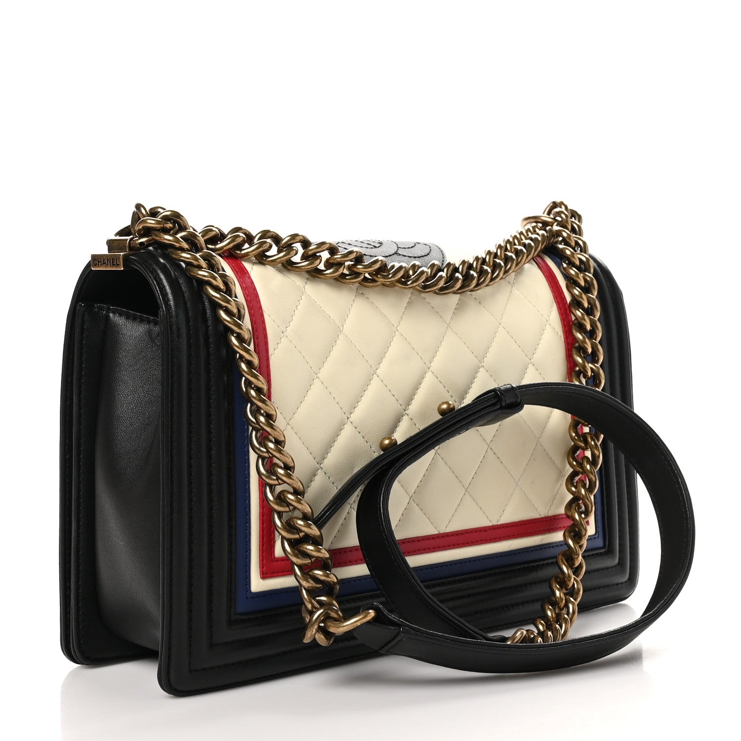 Chanel Lambskin Quilted Crest Embellished New Medium Boy Flap Black White Blue 3 of 11