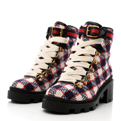 Gucci Vintage Tweed Check Lace Up Combat Ankle Boots 36.5 White Hibiscus Red Marine 3 of 9