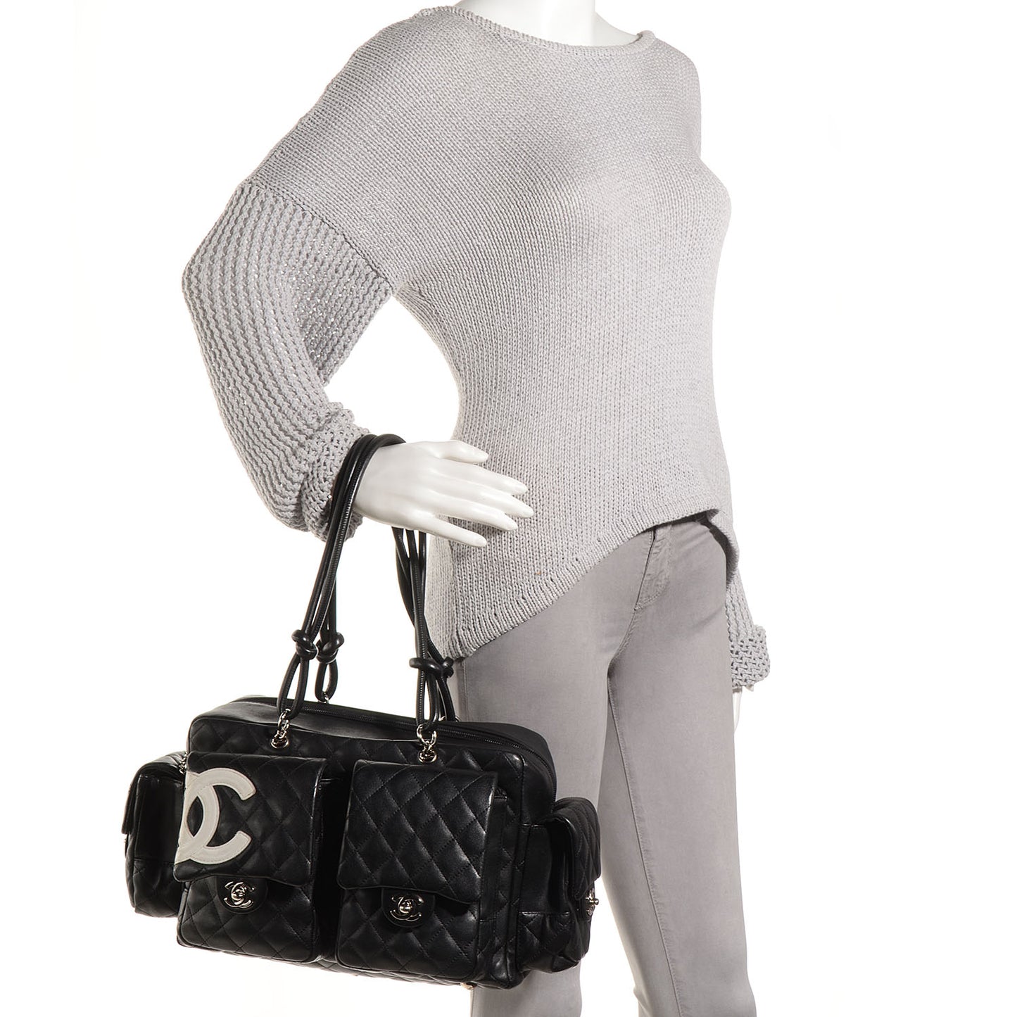 Calfskin Quilted Large Cambon Multipocket Reporter Black White