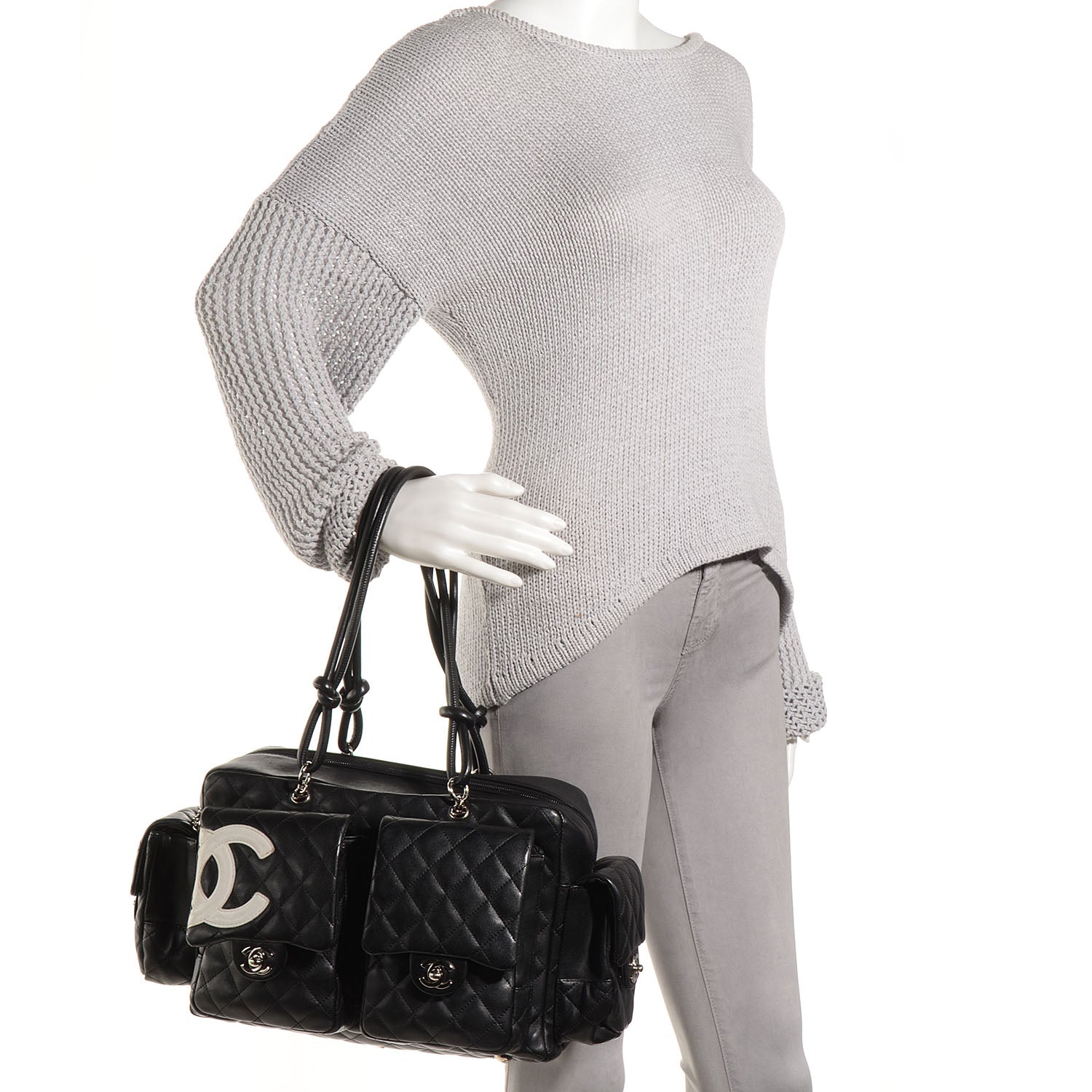 Chanel Calfskin Quilted Large Cambon Multipocket Reporter Black White 2 of 7