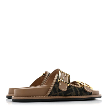 Fendi Fabric Jacquard Nappa FF Womens Fendi Feel Buckled Slide Sandals 35 Tobacco Black Miele Scuro 4 of 8