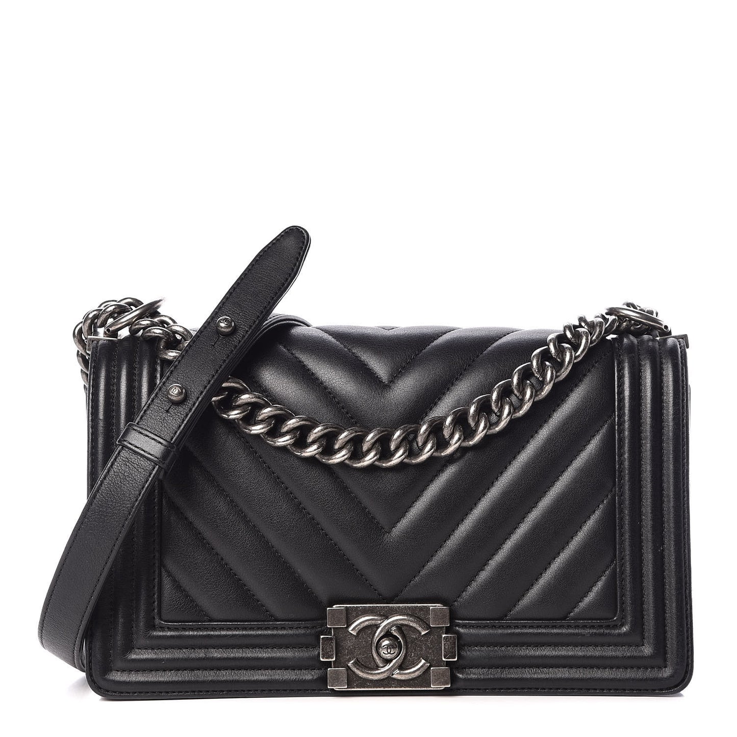 Calfskin Chevron Quilted Medium Boy Flap Black