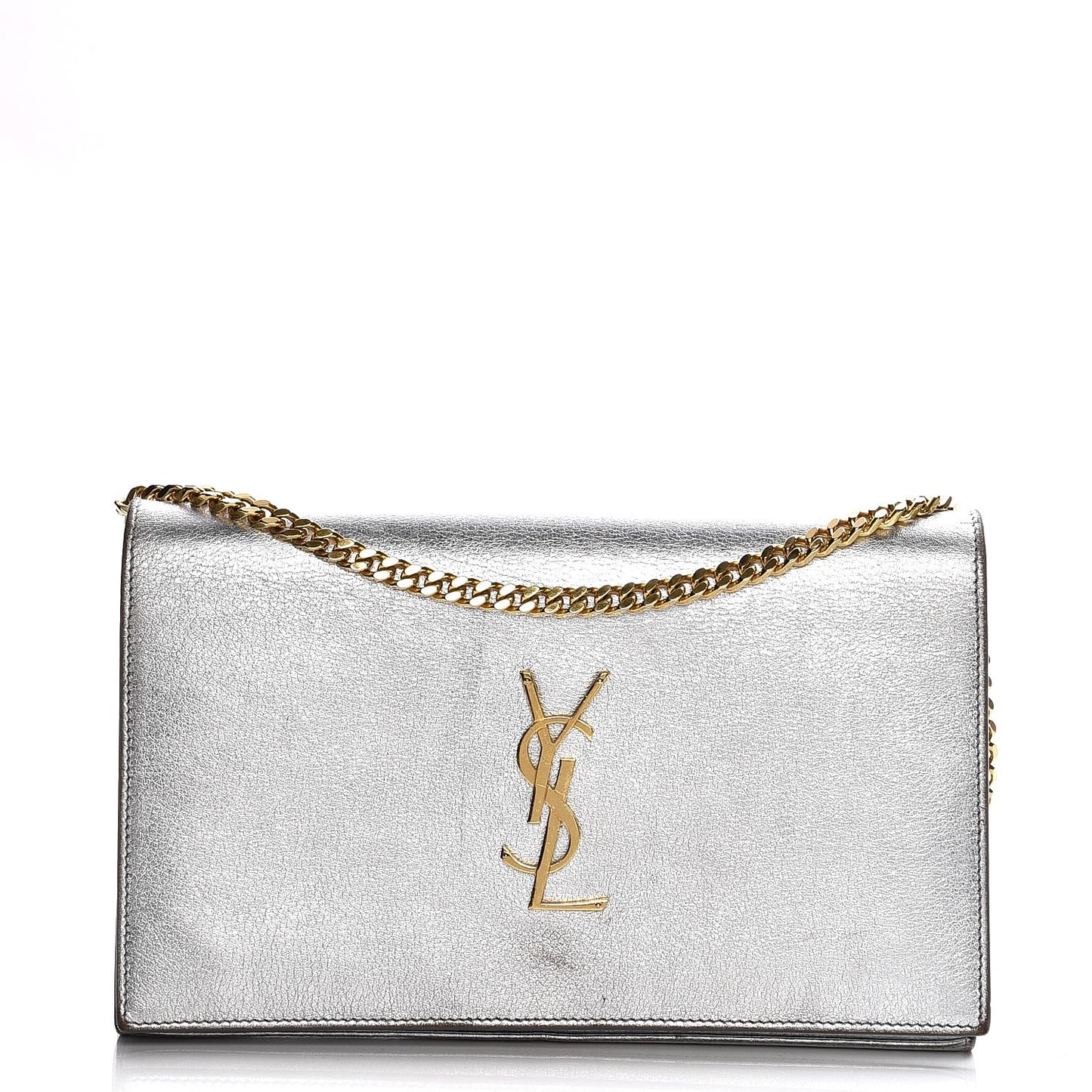 Grained Metallic Calfskin Monogram Chain Wallet Argento