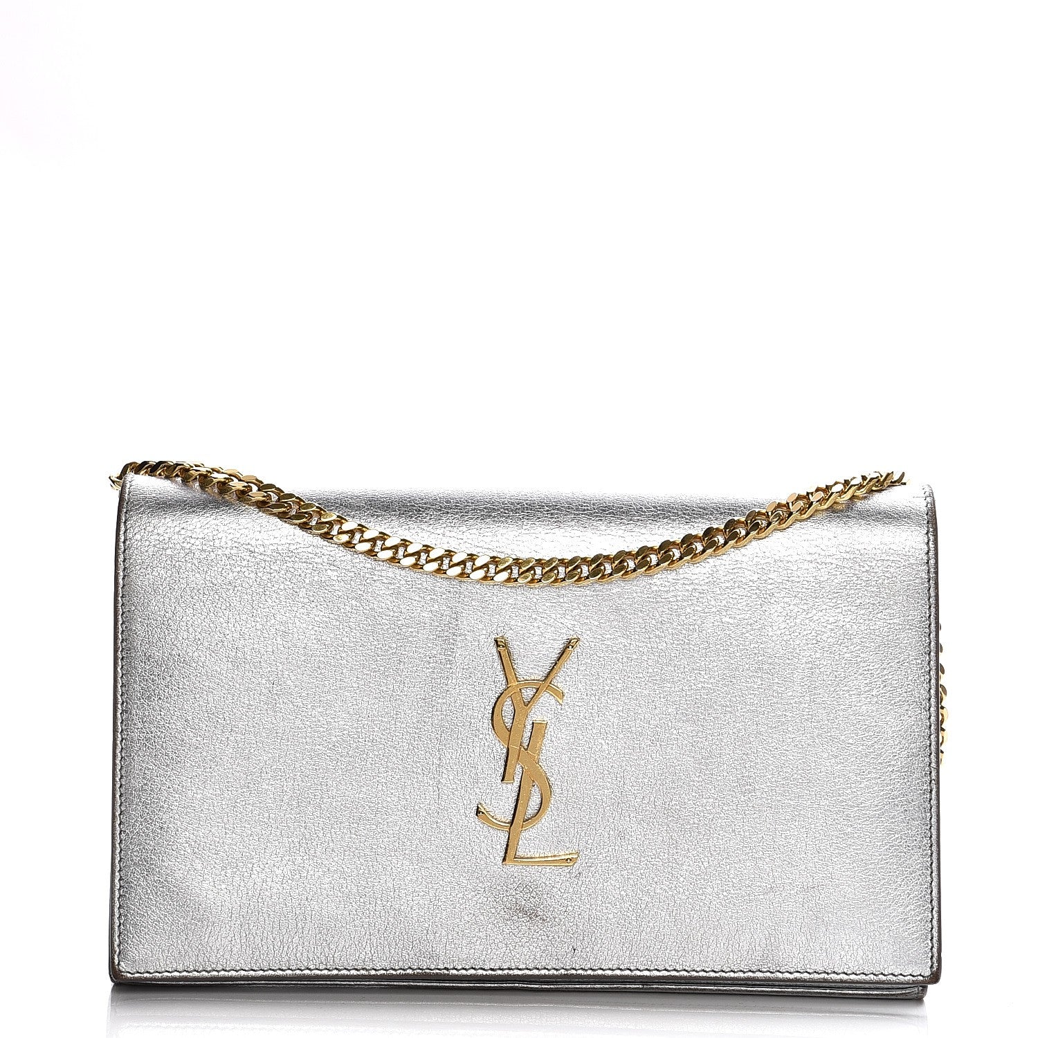 Saint Laurent Grained Metallic Calfskin Monogram Chain Wallet Argento 1 of 19
