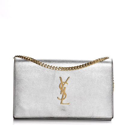 Saint Laurent Grained Metallic Calfskin Monogram Chain Wallet Argento 1 of 19