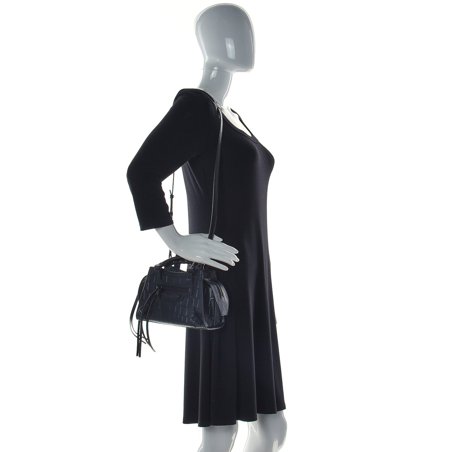 Semi Shiny Calfskin Crocodile Embossed Neo Classic Black Hardware Mini City Black