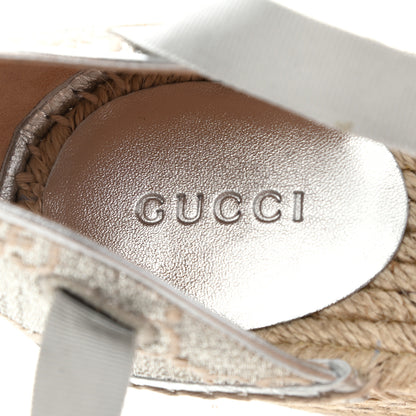 Gucci Lame GG Monogram Ankle Wrap Platform Espadrille Wedges 40 Silver Beige Light Grey 7 of 9