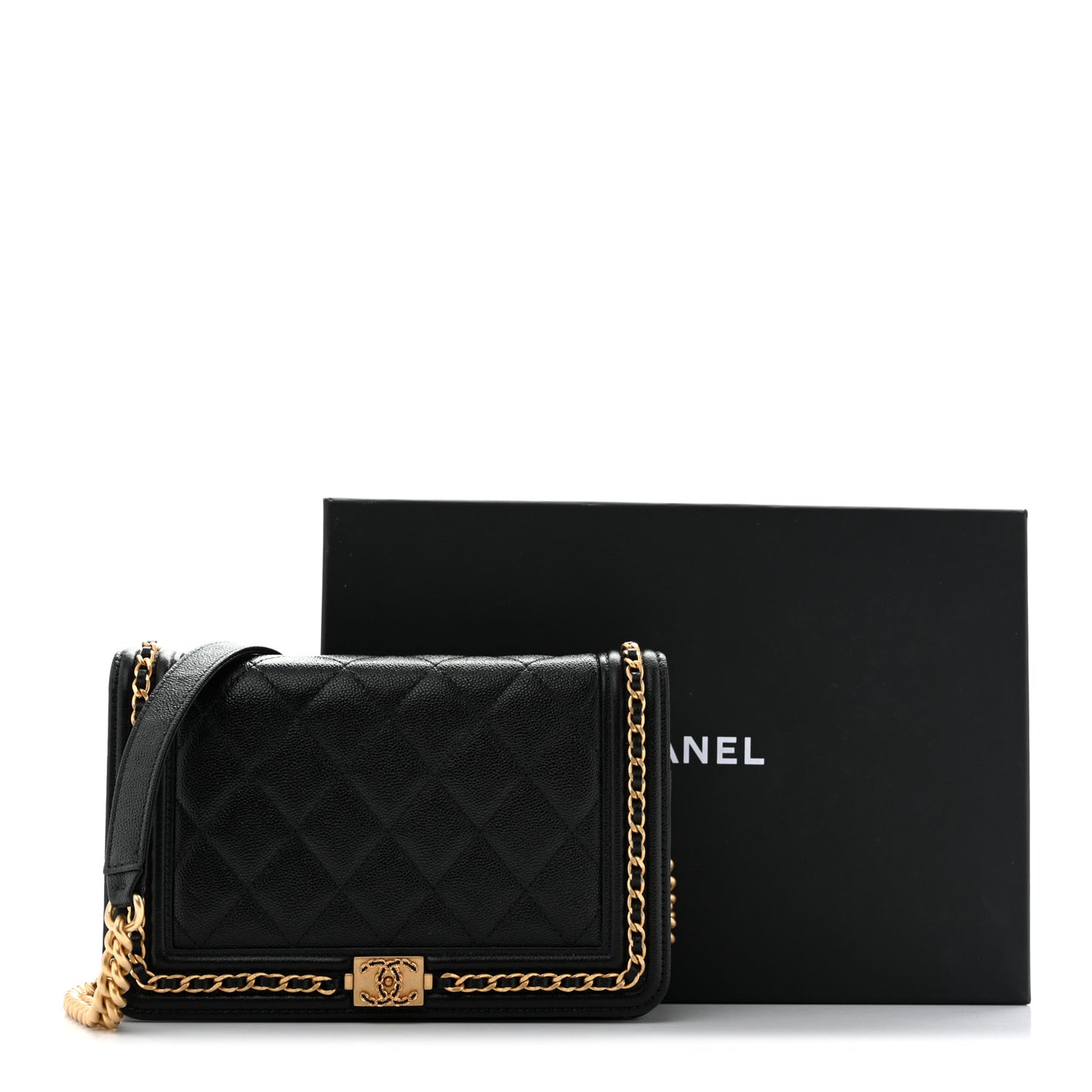 Caviar Quilted Chain Around Boy Wallet On Chain WOC Black