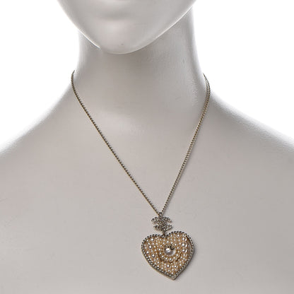 Chanel Pearl CC Chain Heart Medallion Necklace Light Gold 2 of 7