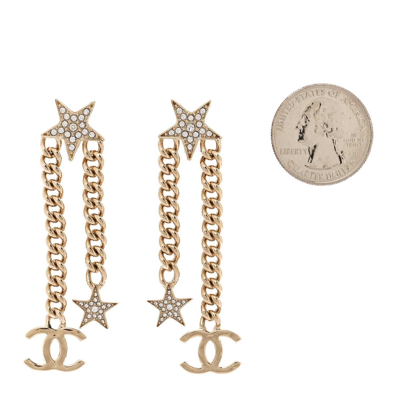 Chanel Crystal CC Star Chain Drop Earrings Gold 2 of 4