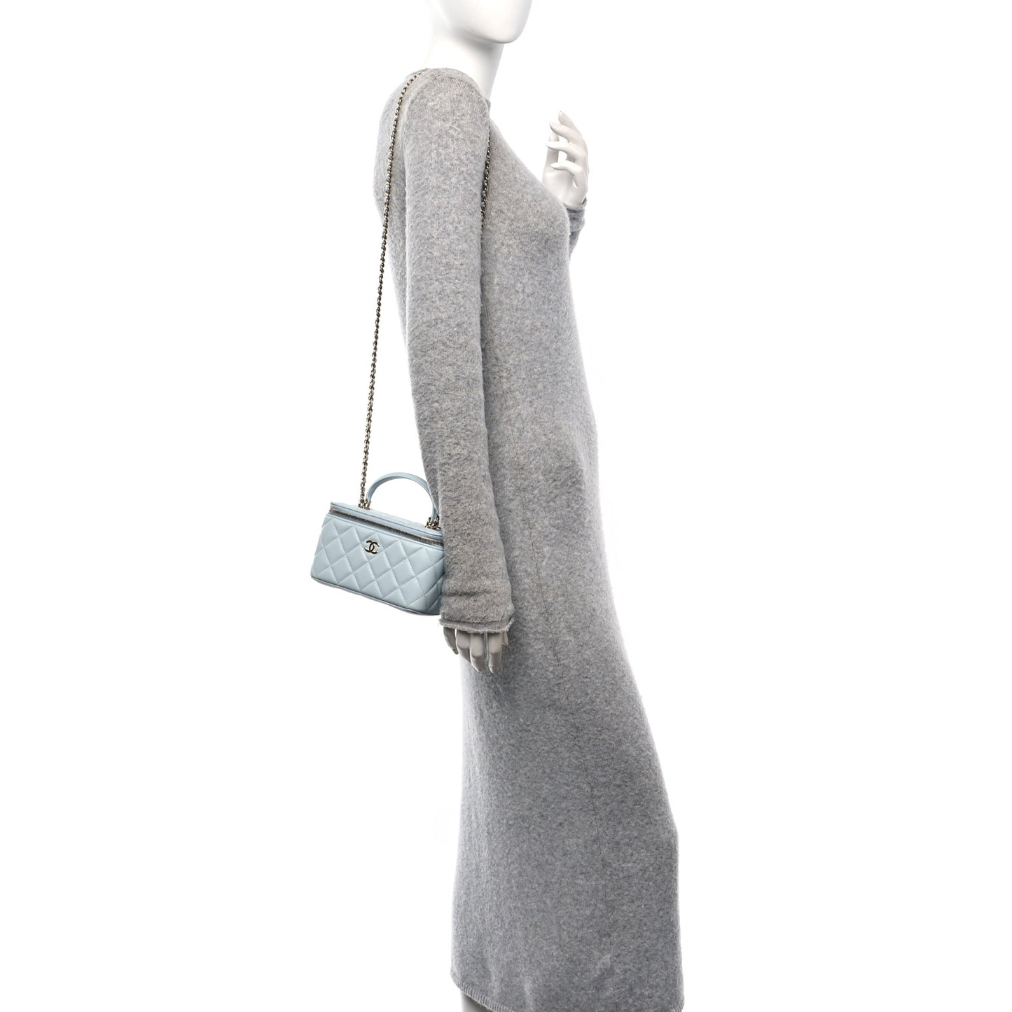 Lambskin Quilted Small Top Handle Vanity Case With Chain Light Blue