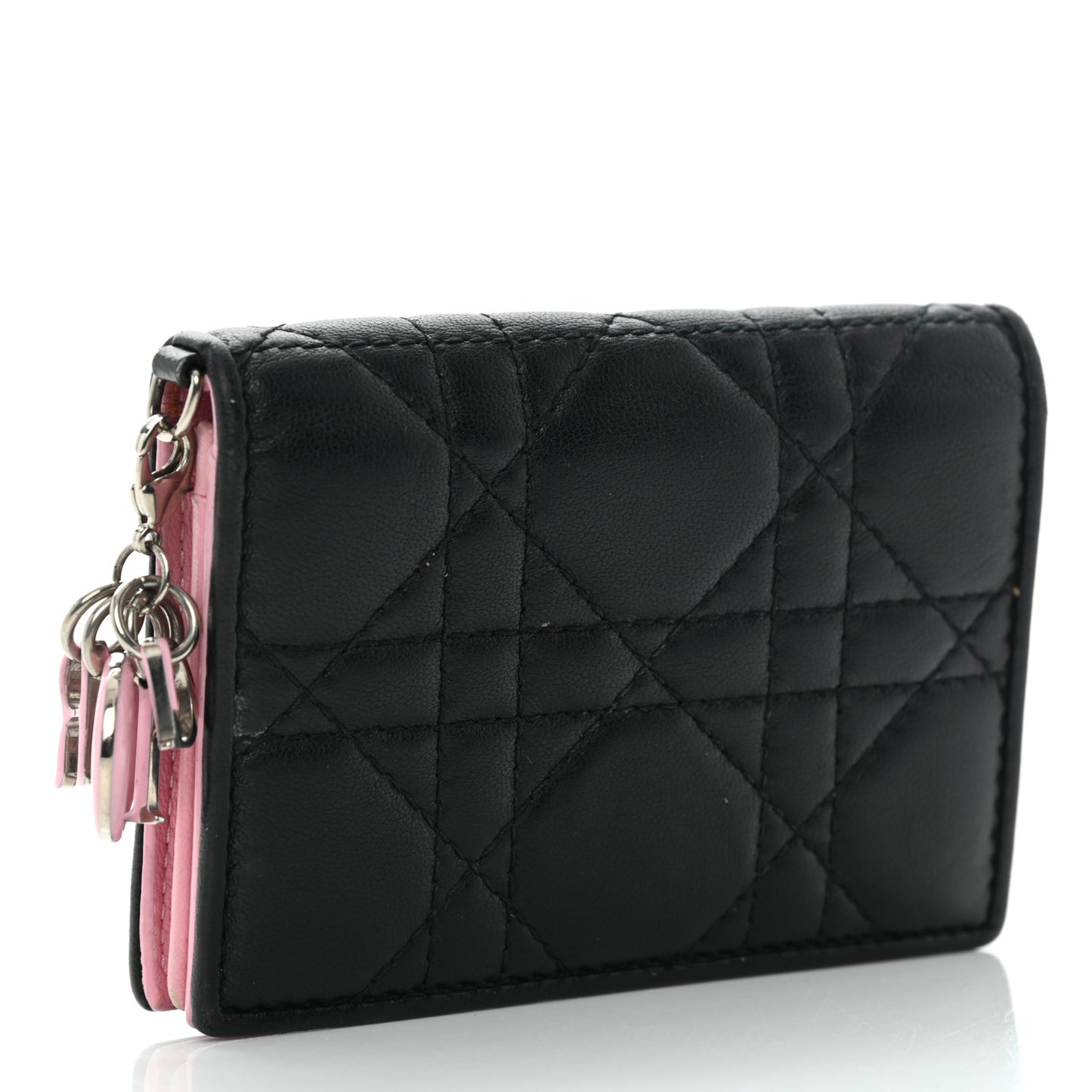 Lambskin Cannage Bi-Color Small Lady Dior Flap Card Holder Black Pink