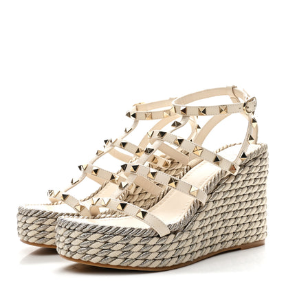 Valentino Garavani Calfskin Rockstud Ankle Strap Torchon Espadrille Caged 25/95mm Wedge Sandals 37 White 7 of 18
