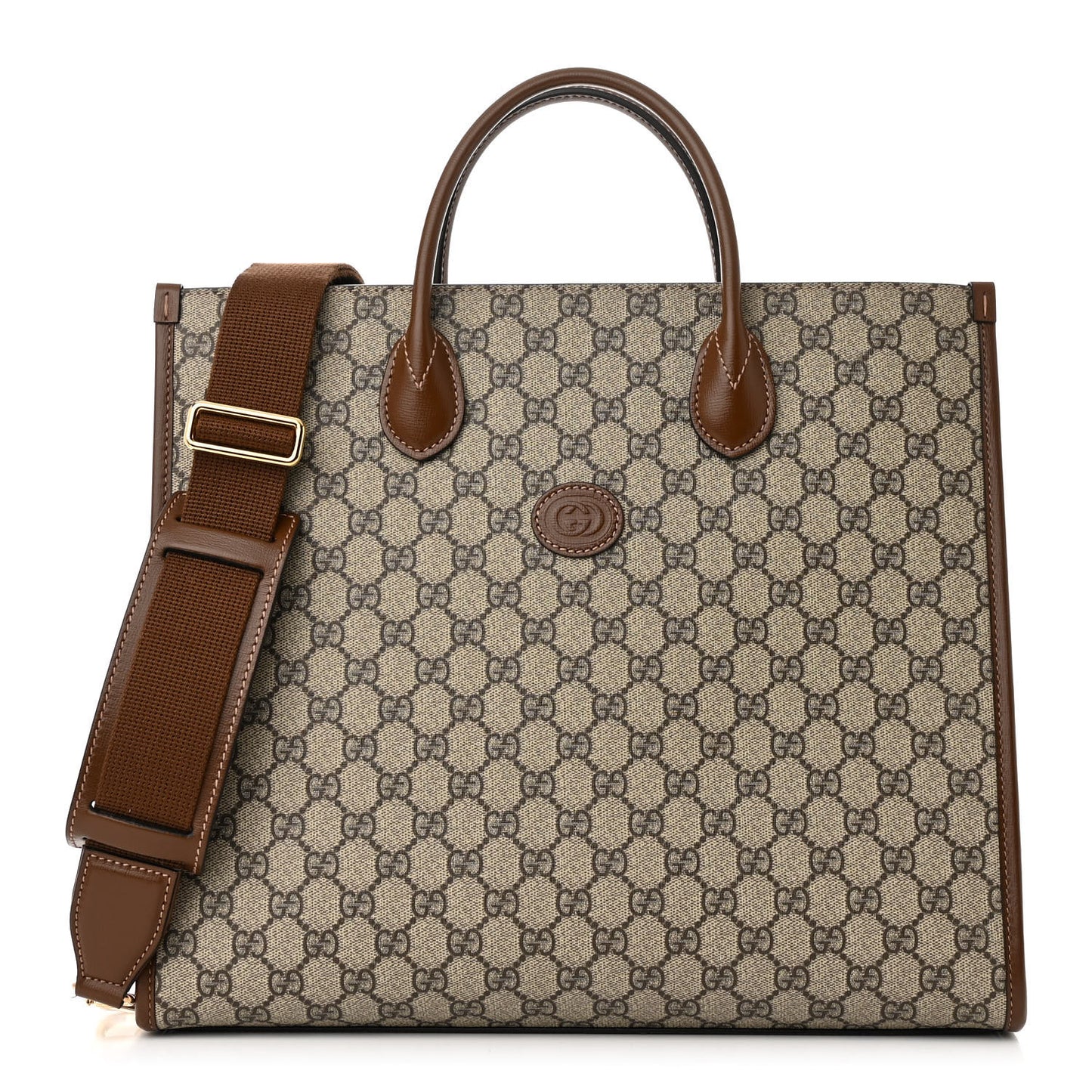GG Supreme Monogram Azalea Calfskin Medium Retro Interlocking G Tote Bag Beige Ebony Brown Sugar