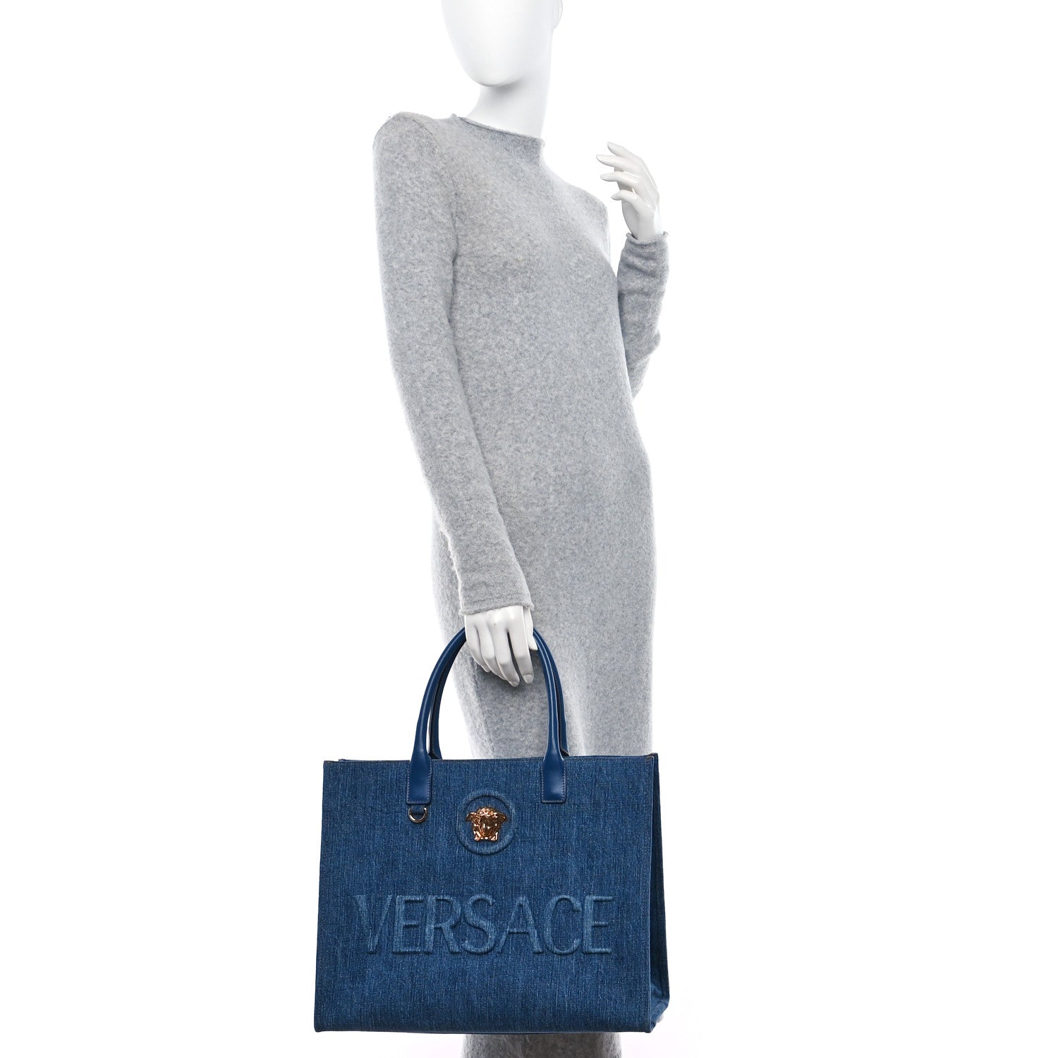 Versace Denim Calfskin La Medusa Tote Bag Blue 2 of 9