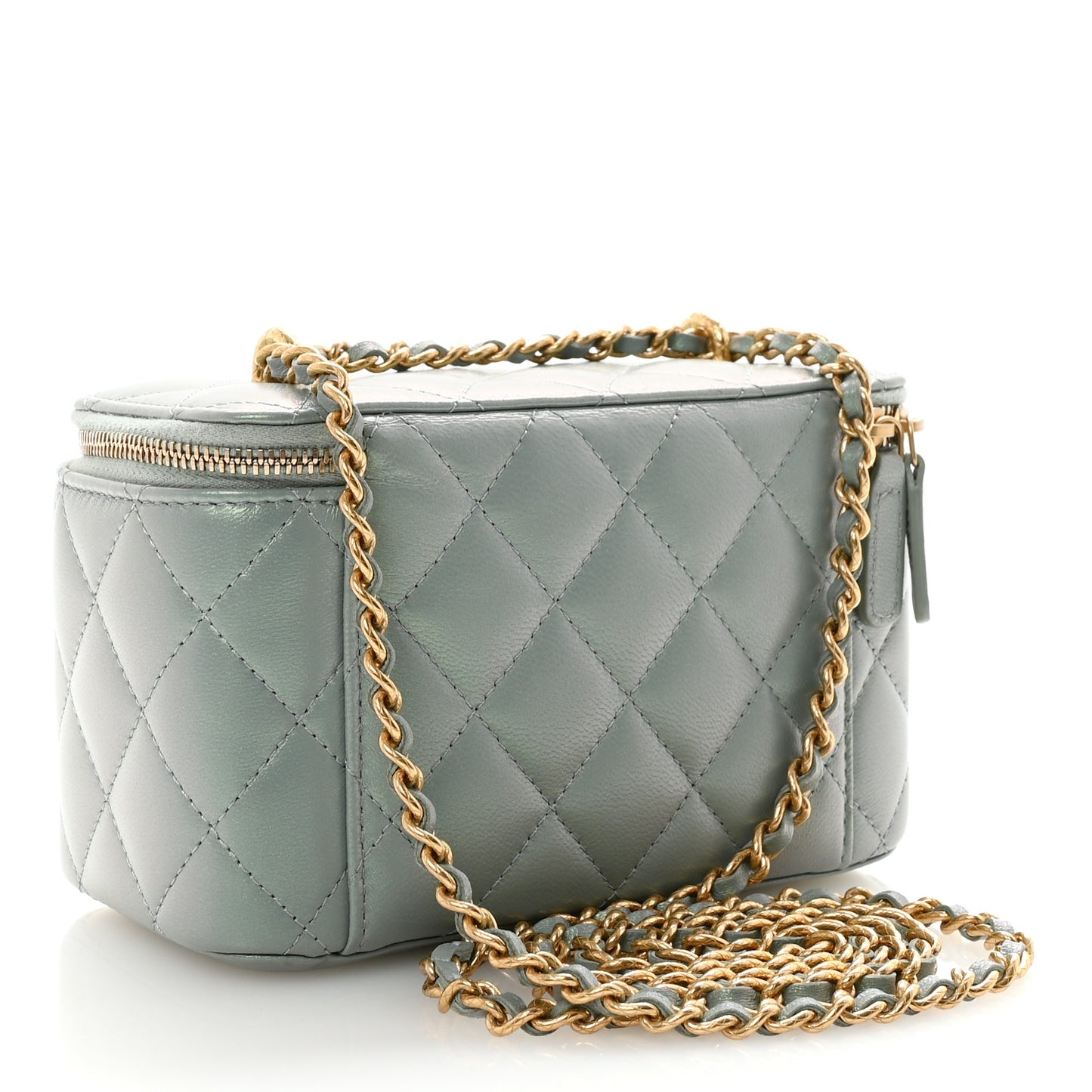 Metallic Lambskin Quilted Small CC Vanity Case With Chain Grey