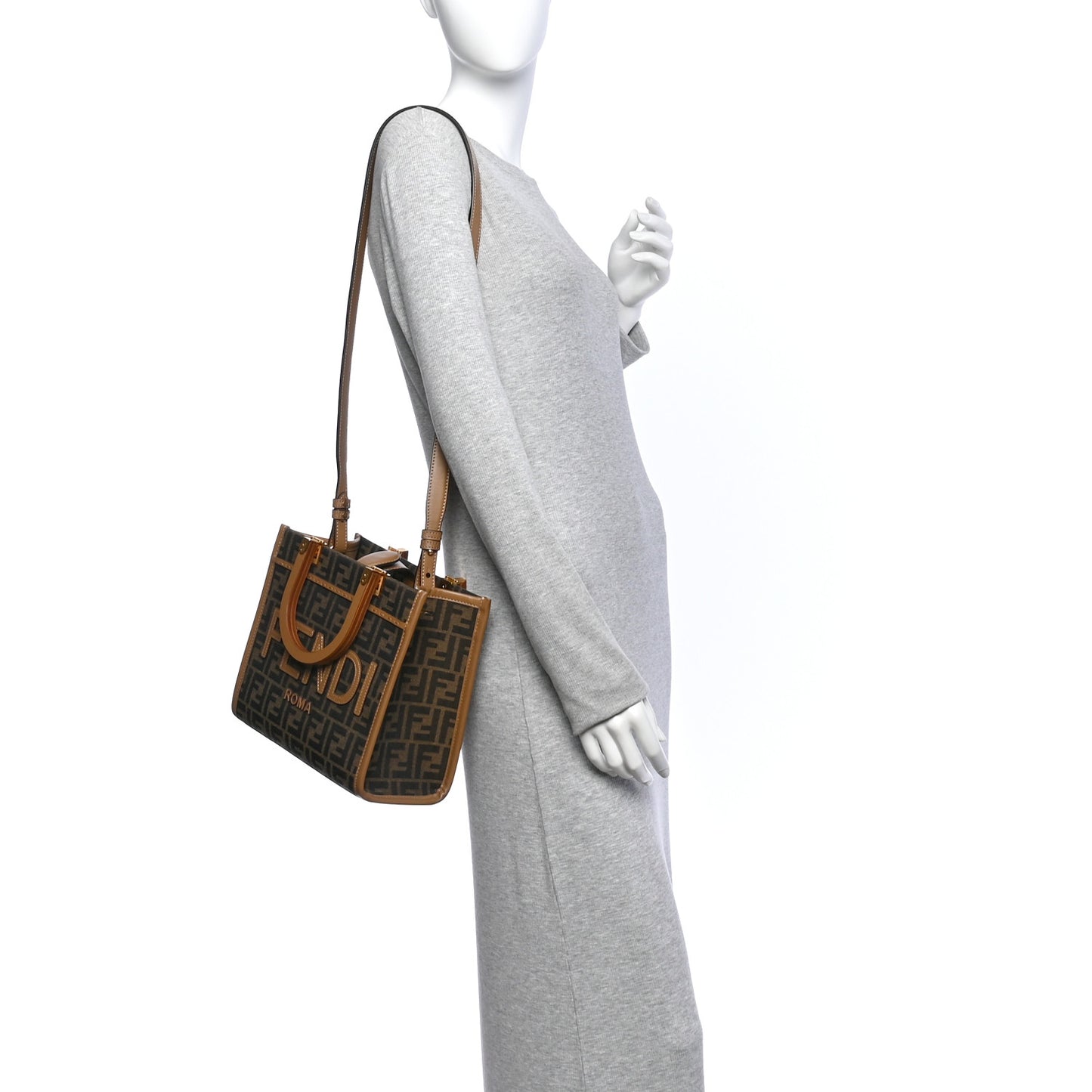 Fabric Jacquard FF 1974 Logo Small Fendi Sunshine Shopper Tote Tobacco Moro Sand