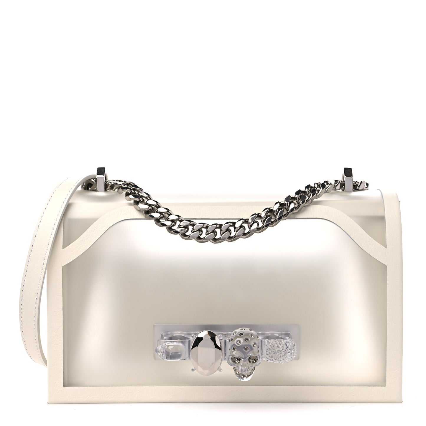 Polyurethane Calfskin Transparent Jeweled Knuckle Satchel Clear White