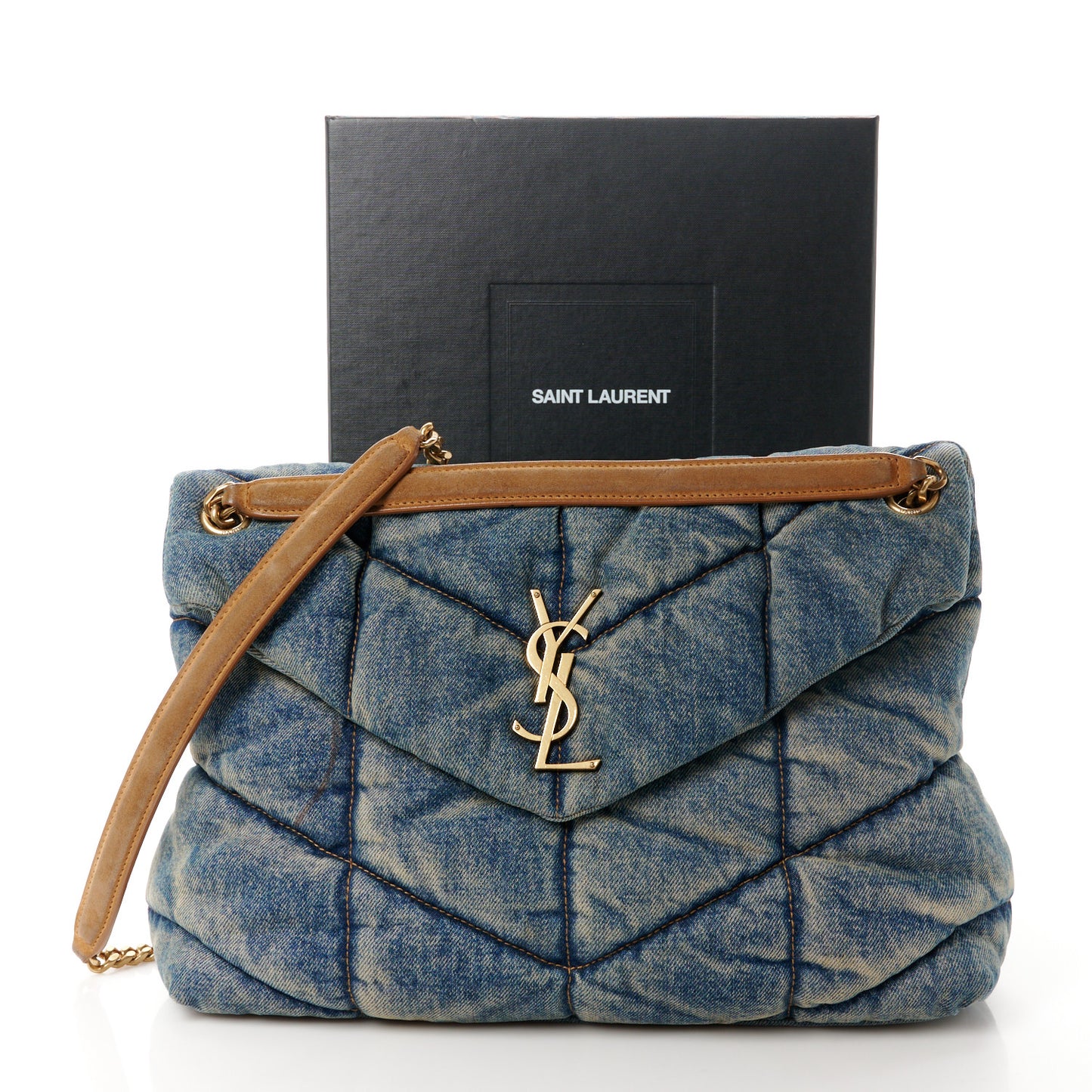 Denim Quilted Medium Loulou Puffer Monogram Chain Satchel Blue Cinnamon