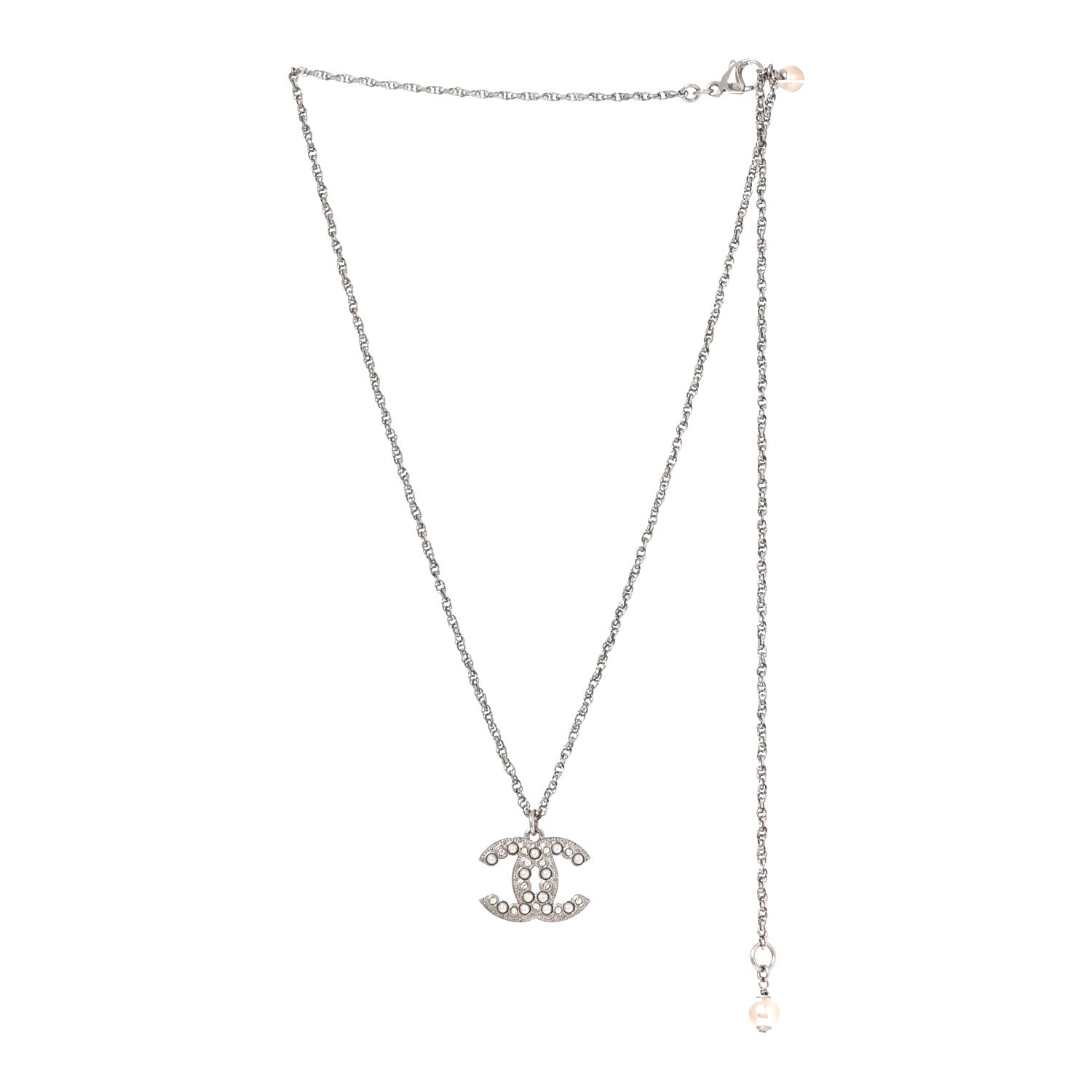 Chanel Crystal Pearl CC Necklace Silver 3 of 5