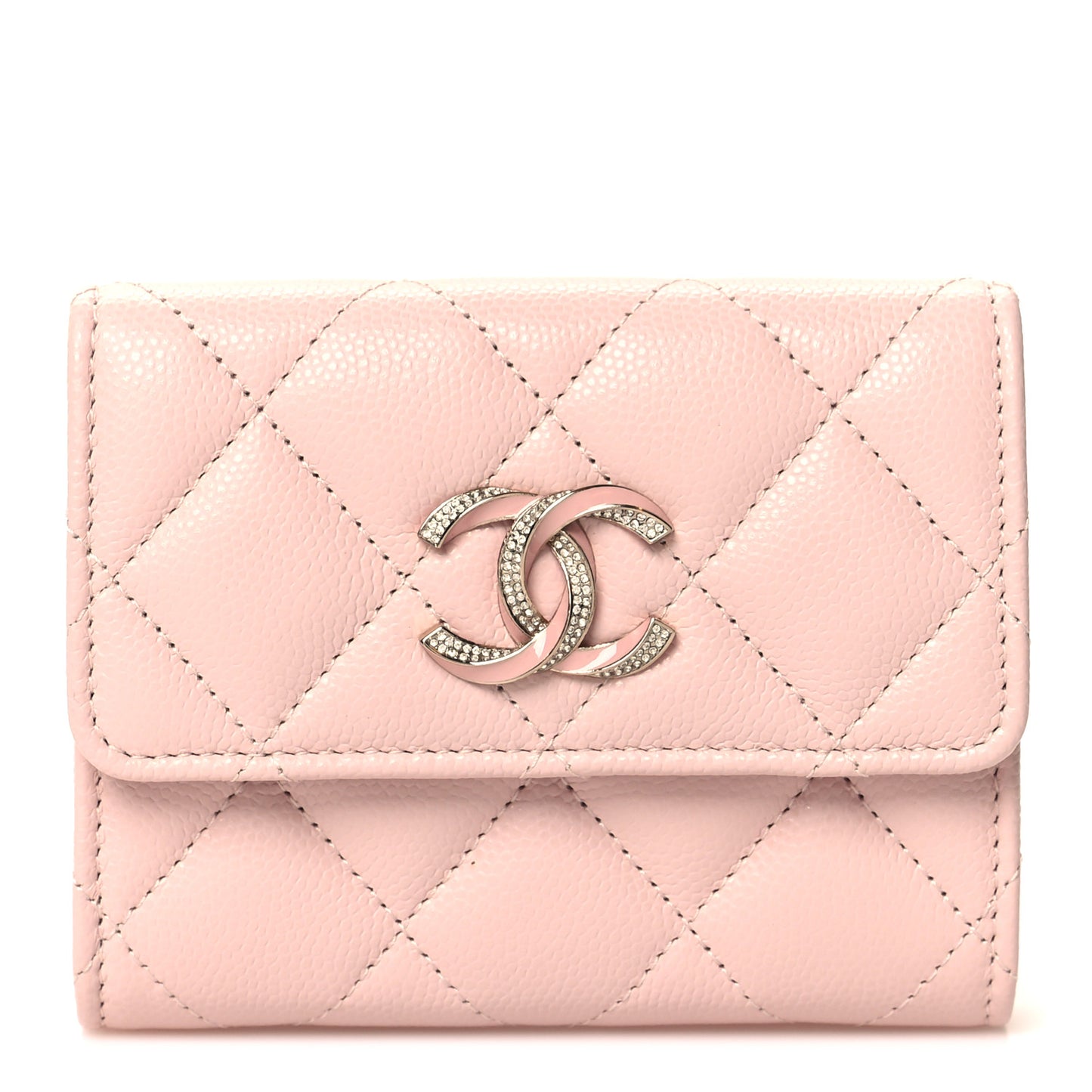 Caviar Quilted Crystal Enamel Flap Card Holder Pink