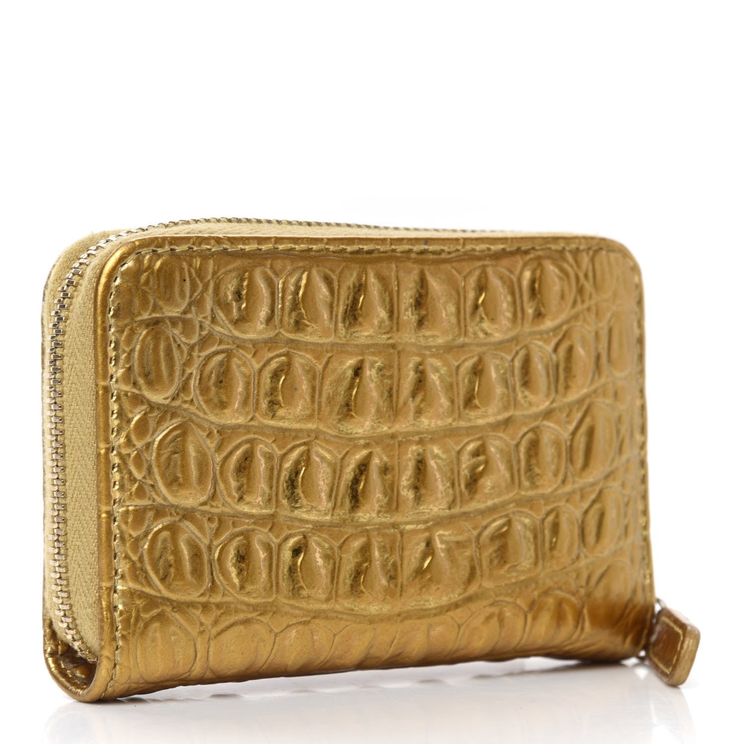 Chanel Metallic Calfskin Crocodile Embossed Cocodile Zip Coin Case Gold 2 of 13