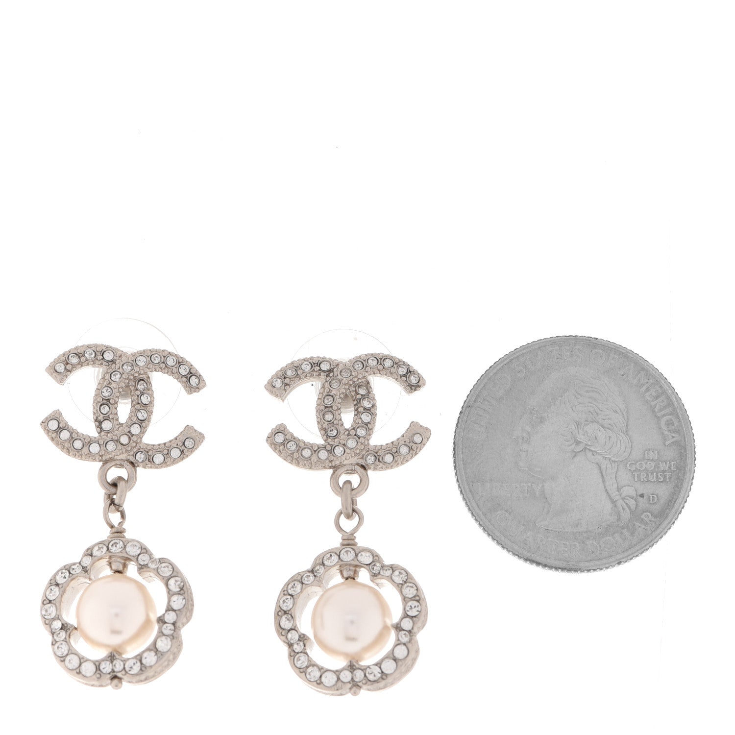Chanel Crystal Pearl Camellia CC Coco Flapper Drop Earrings Silver 2 of 5