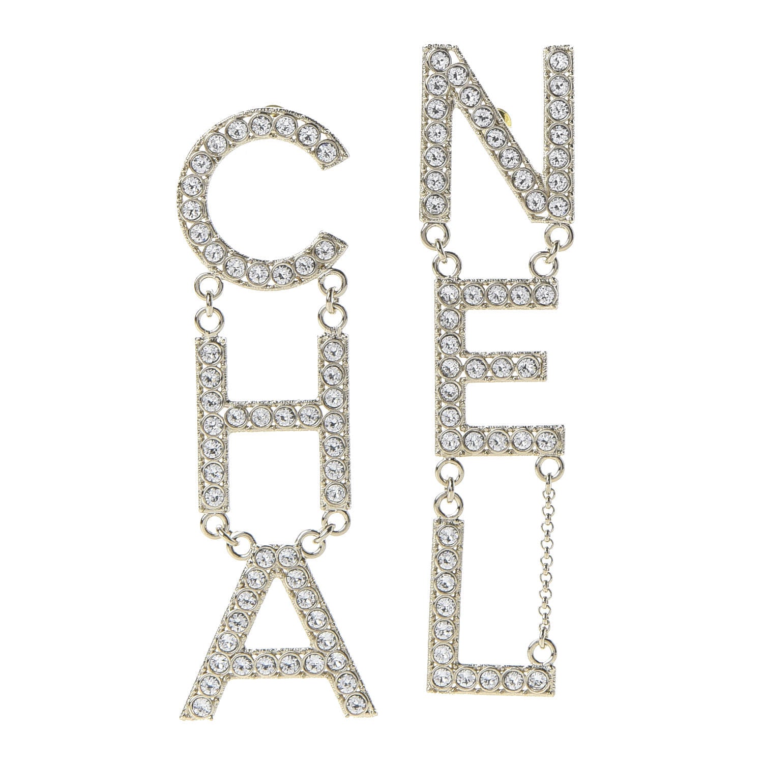 Chanel Crystal Cha-Nel Logo Drop Earrings Gold 1 of 5