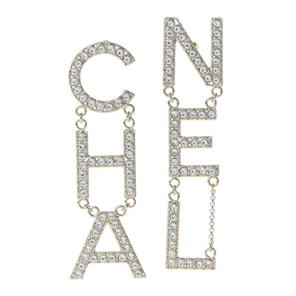 Chanel Crystal Cha-Nel Logo Drop Earrings Gold 1 of 5