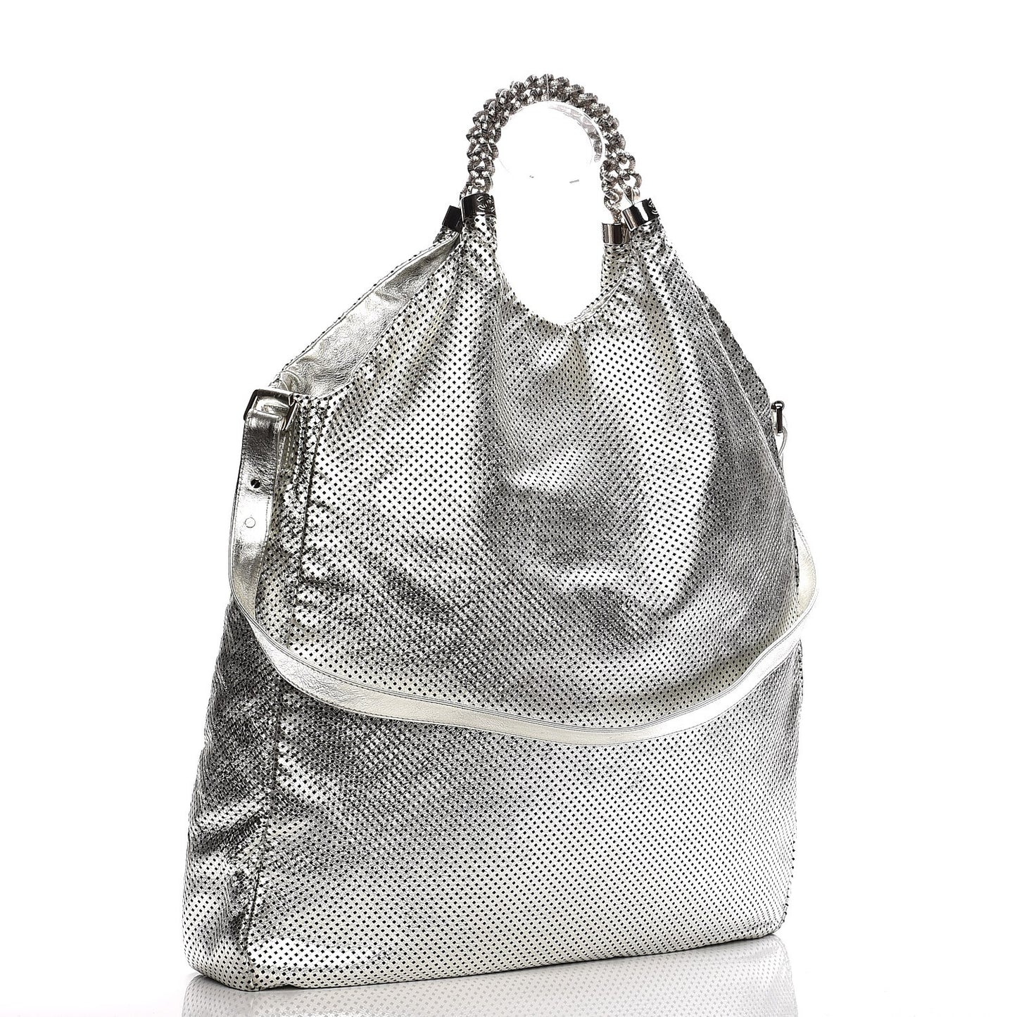 Metallic Glazed Calfskin Perforated Medium Rodeo Drive Tote Silver