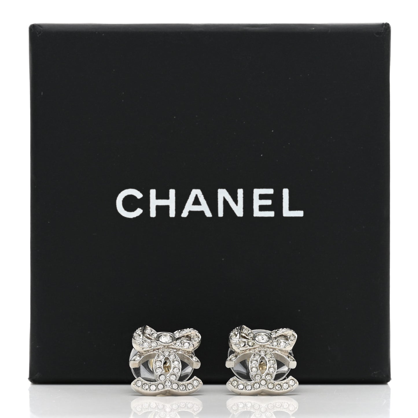 Crystal CC Bow Dangle Earrings Silver